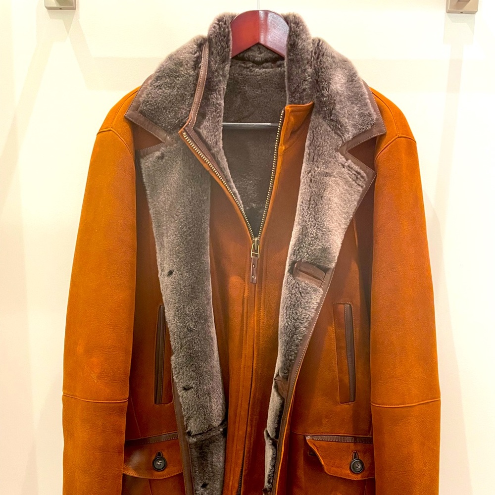 Allen Edmonds cognac brown nubuck leather coat, fully lined in shearling.